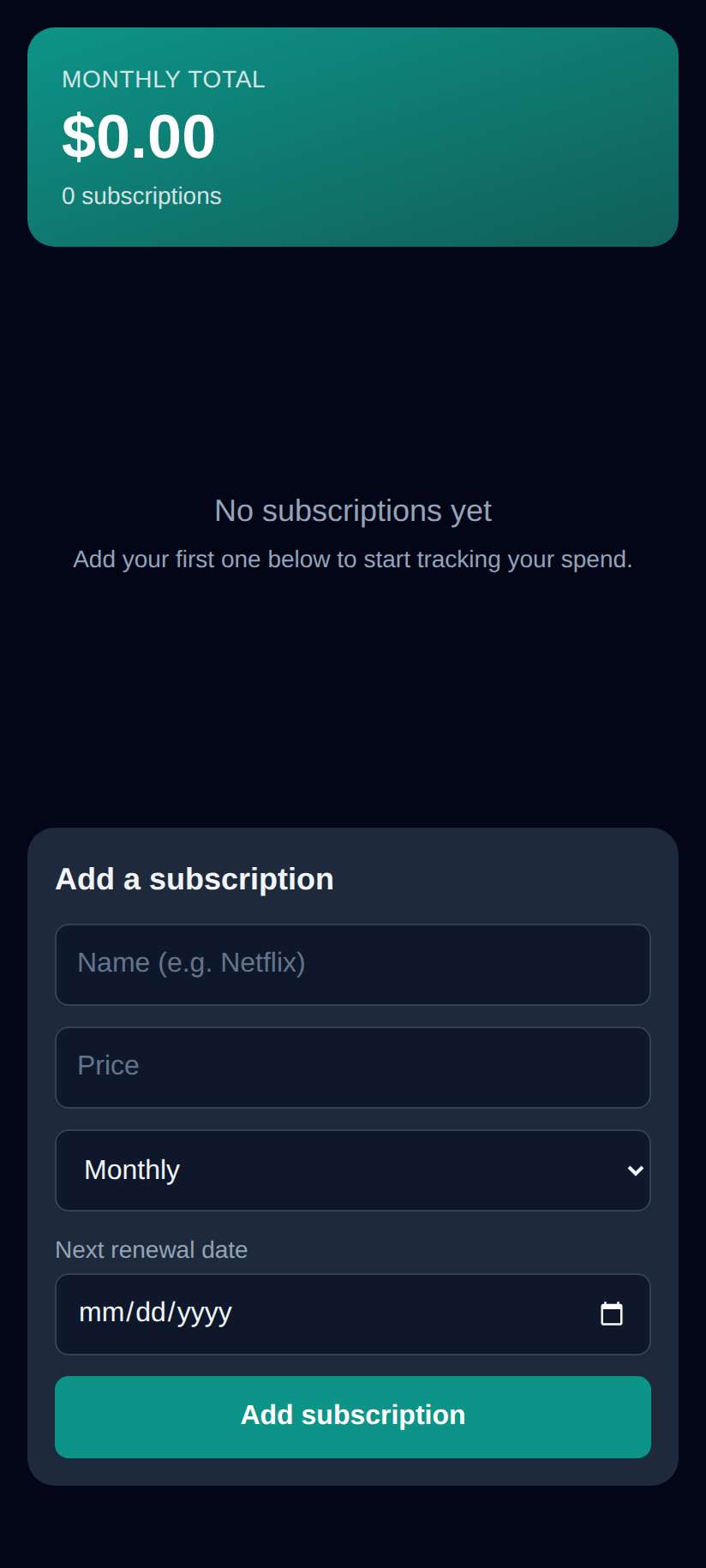 Screenshot of Subscriptions