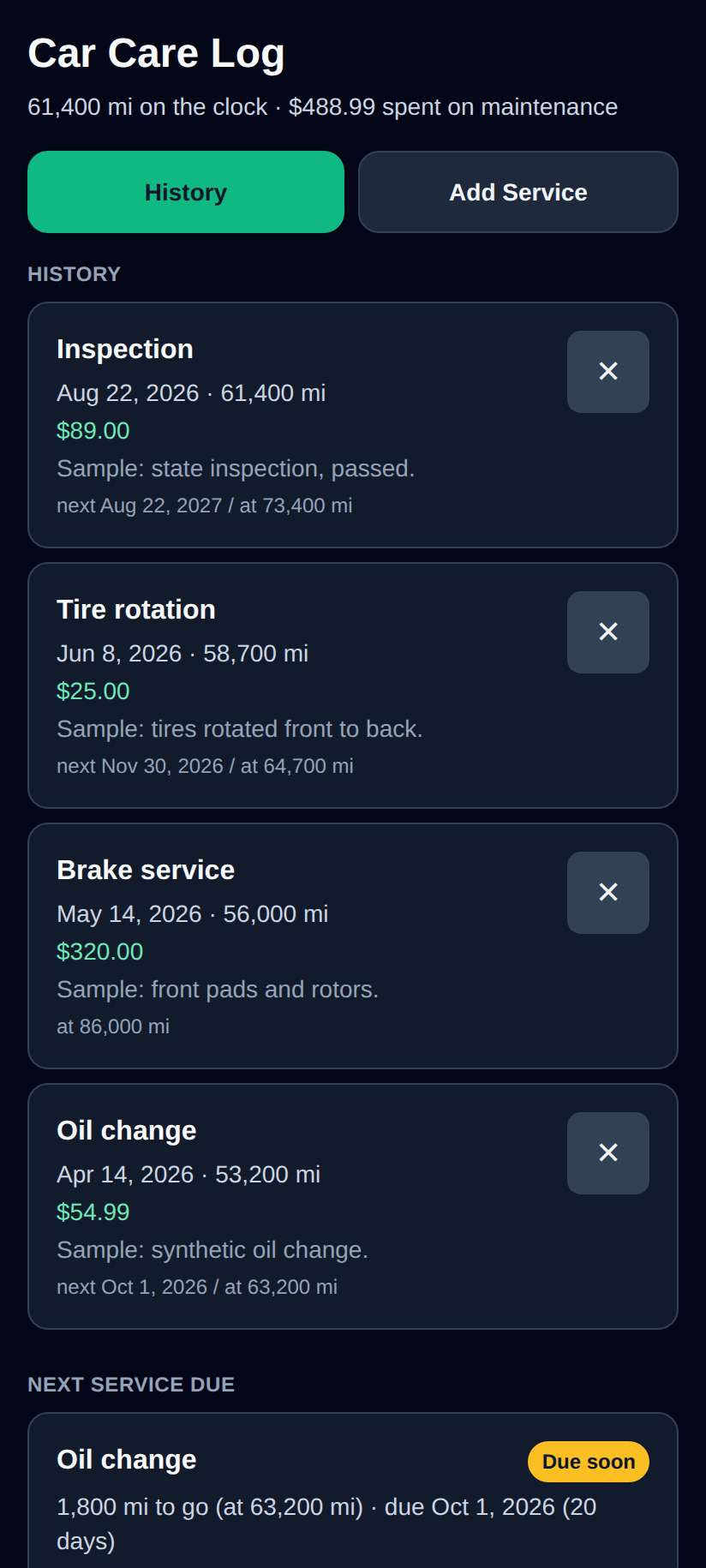 Screenshot of Car Care Log