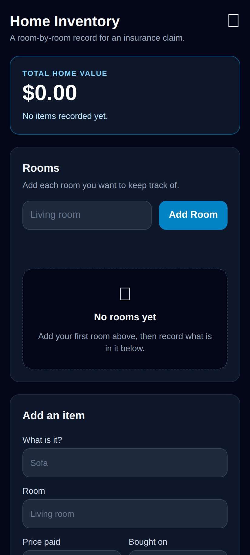 Screenshot of Home Inventory